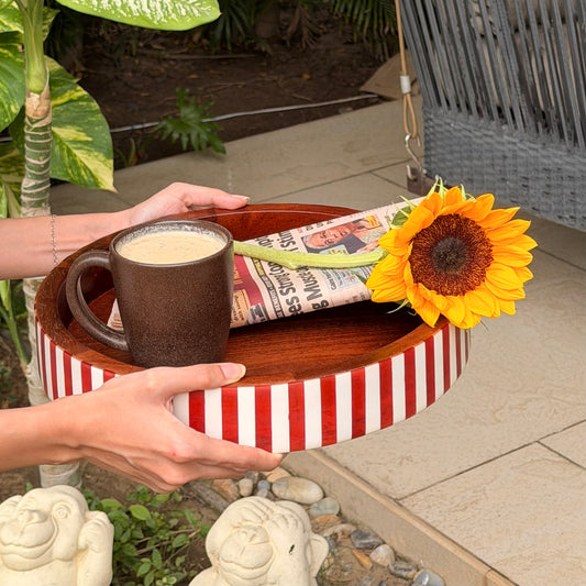 Crimson Stripes Round Tray